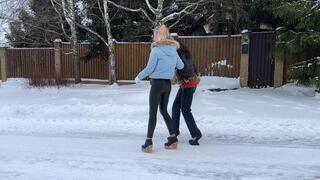 Platform shoes on ice, high heels on ice, zanotti heelless on ice, girls walking on ice, girl on the slope on high heels