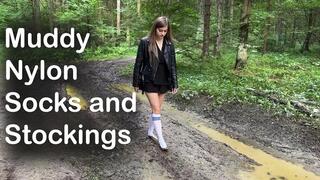 White nylon socks in mud, black stockings in mud, muddy knee high white socks, muddy nylon