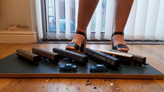 Giantess Lou crushes train coaches in big chunky heels ground view