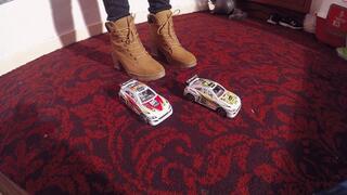 2 Model Cars Crushed Under Sophie's Boots CLOSE UP (4K)