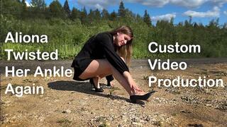 Aliona twisted her ankle, girl walks in one shoe, twisted ankle girl, high heels on gravel