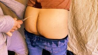 Pissed on her tiny ass until it runs down her hot tight blue jeans (artwork without audio)