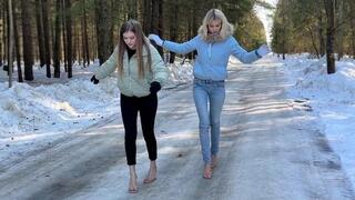 High heels on ice, flip flops on ice, sliding heels on ice, girls on ice, high heels sliding on ice