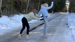 Platform shoes on ice, clear platform shoes, heelless shoes on ice, girls on ice, sliding fetish