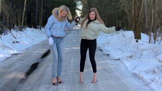 High heels sandals on ice, high heels mules on ice, slippery shoes on ice, girls walking on ice
