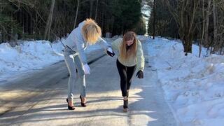 Heelless shoes on ice, platform shoes on ice, zanotti platform on ice, girls on ice, heels on ice