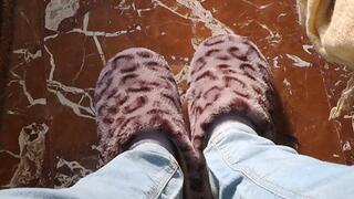 TACO PRINTED SOCKS AND PURPLE SLIPPERS