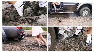 HOT CAR STUCK: Sexy Julia got her powerful pickup stuck in deep soft mud