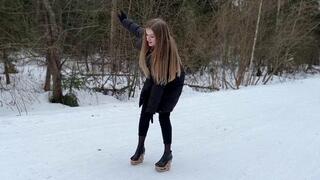 Platform on snow, wooden shoes walking on snow, girl walking on snow, high heels on snow