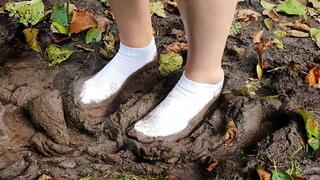 Muddy white ankle socks, dirty white socks, wet white socks, ankle socks dirty, ankle socks in mud, socks posing