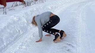 Wood platform shoes on ice, wood skate shoes on snow, sliding on ice, slippery shoes on ice