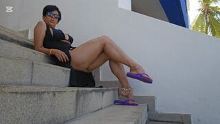 Milah Arches divine Crossed Legs Fetish in purple Flip Flops