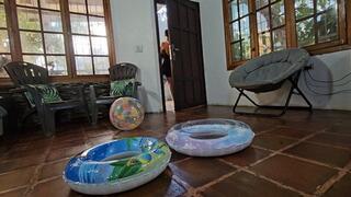 Milah Crushing inflatable toys under her cruel heels