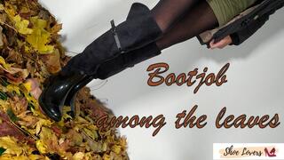 Bootjob, cockcrush among the leaves with black rain boots