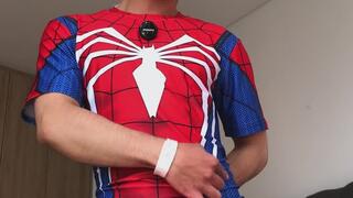 Horny spiderman shoots cum