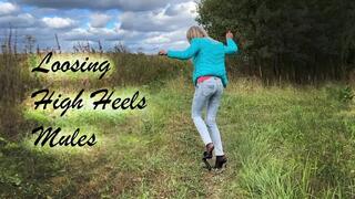 Walking outdoors in one shoe, losing high heels mules, losing shoe walking, lost high heels mules, one shoe walk