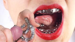 ALL-METAL Braces CUMMED, HOT handjob & cock-biting