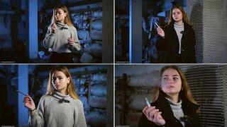 Smoking in abandoned building with pretty girl