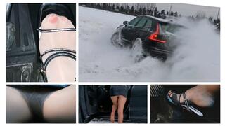 HOT: Crazy drift really hard braking and amazing upskirt in powerful Volvo in deep snow