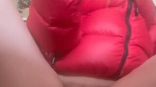 Red Puffy Down Jacket Vibrator And Dildo Masturbation