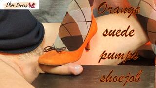 Orange suede pumps and diamond tights cock crush shoejob