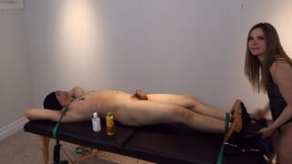 NIna rips open Fetishguys black nylons oiling his big extremely ticklish feet, oiling his upper body and brutal tickles him with her long nails and tickle tools without mercy