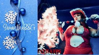 BBW Samantha 38g decorating a Christmas tree in Red Lingerie