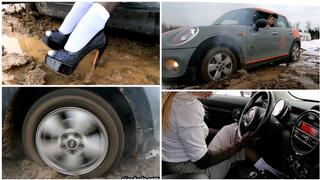 HOT PREMIERE: Car stuck in deep soft mud driving Mini Cooper