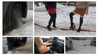 PREMIRE: Crazy tug of war with two sexy girls in high heel latex leather boots