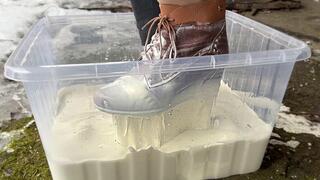 Wedges Boots stuck in Non-Newtonian Fluid, Wedges Boots Messy and Wet, Boots Stuck in Fluid