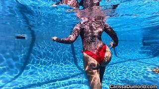 Tattoo body suit and bikini in pool with legs, toes, and booty features