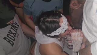 Multitudinous Nube Gang Bang with cumshots in a glass