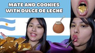 Having breakfast with mate and cookies with butter and dulce de leche