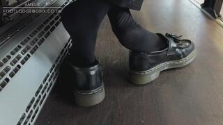 Close up candid Shoeplay in loafers and tights on the bus