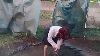 Business attire muddy fun