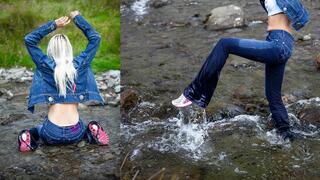 Skinny flared jeans in river - wet walk in denim