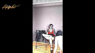 Lady Angela male submissive worshiping my pleaser heels extreme high heels foot tattoo pedicured toes femdom