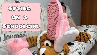 Spying on schoolgirl teenager enjoying feet in white long socks dressed in pink boot - Foot fetish Soles Worship Sneakers 4K