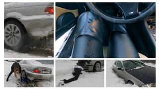 CRAZY CAR STUCK: Emily with vibrator in pussy got her BMW stuck in snow hard