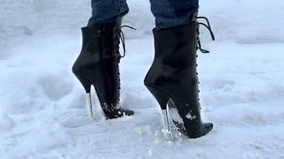 Ballet High Heels Boots Walking Outdoors on Snow Road, Ballet Boots Snow and Ice Walking