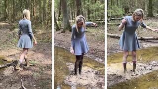 Muddy knee high white socks, black pantyhose in mud, white socks in mud, wet pantyhose