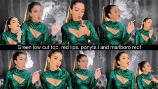 Green low cut top, red lips, ponytail and marlboro red!