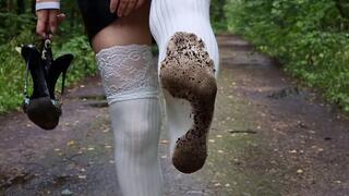 Dirty White Stockings Walk, walking in stockings without shoes, walks in stockings in forest