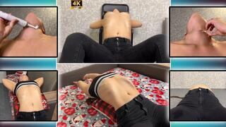Bloating - Belly Stretching and Ice Neck Massage 4K - Deep Breathing - Belly Fetish - Jeans Fetish - Belly Button - Neck Worship - Breath Play - Flat Belly - Ice On Skin