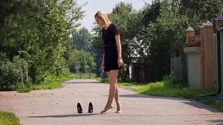 Walking in nylon with no shoes on feet, Gianmarco Lrenzi high heels taking off and putting on feet