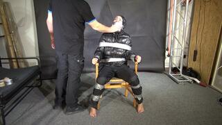 Alice taped to a Chair and Tapegagged in Shiny Nylon Downjacket
