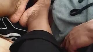Footjob on his girlfriend couch
