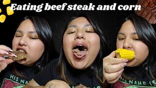 Eating beef steak and corn