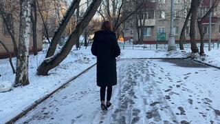 Ballet flats VS icy hill - The girl is wearing very slippery ballet flats, she can't walk to the store in such slippery shoes because she can't climb the mountain