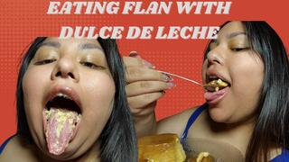 Eating flan with dulce de leche
